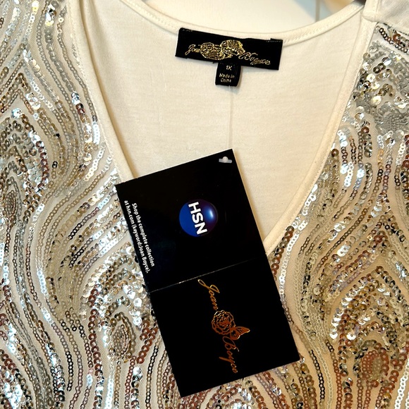 Brand New HSN Joan Boyce Cream Sequin Long Sleeve Vneck Top, sz 1x, NWT - Picture 2 of 5